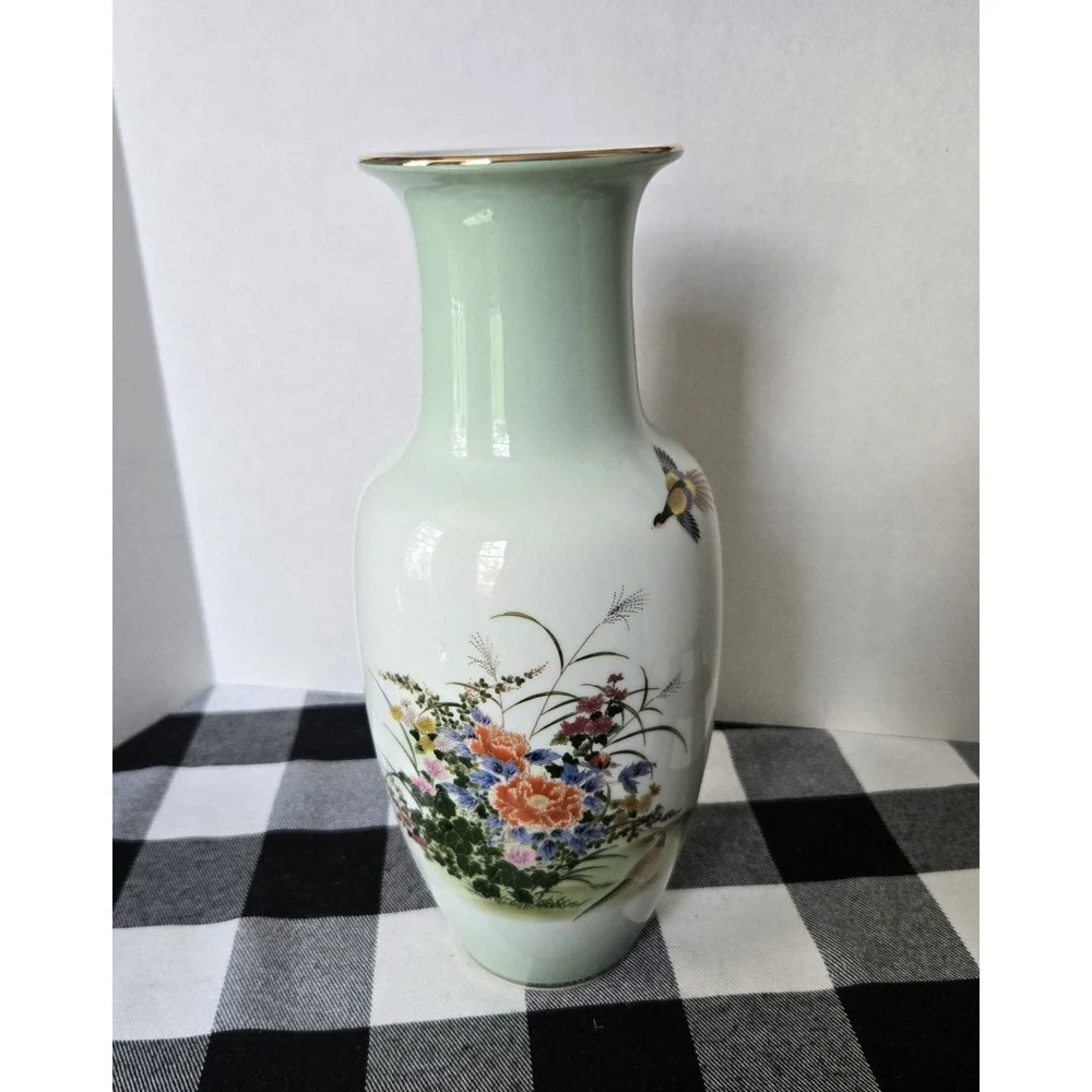 VTG MCM TOYO Japan Ceramic Vase Gold Trim Flowers‎ Birds Garden Gift